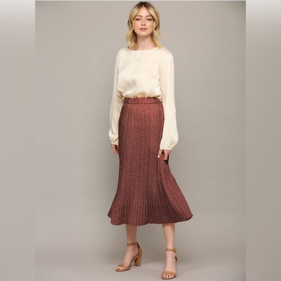 High Waist Polka Dot Pleated Midi Swing Skirt with Pockets -rust - Picture 5 of 6